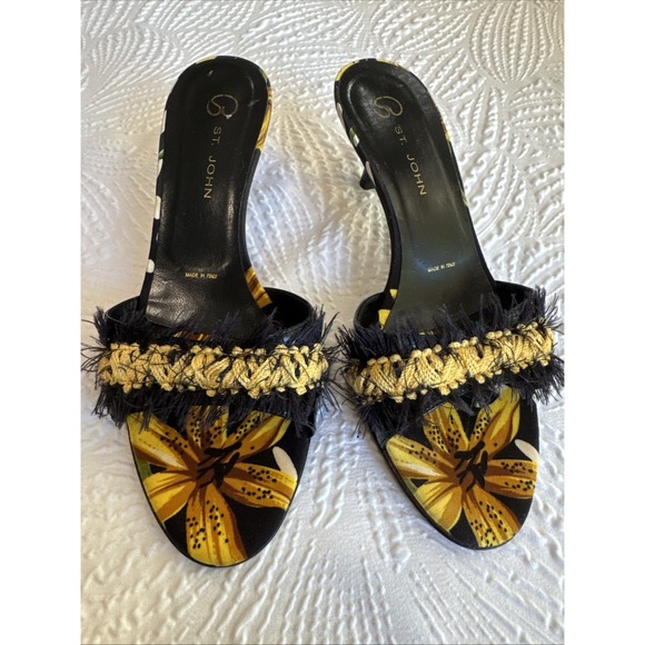 St John Women's Sandals Sz 6.5 B Italian Made, Yellow Floral Heeled Evening - Picture 1 of 14